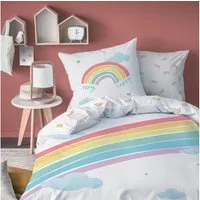 MTOnlinehandel Bettwäsche Regenbogen 135x200 + 80x80 cm, 100 % Baumwolle, Biber, 2 teilig, Very Happy Rainbow Dreams Wolken, Herzen & Sternen in tollen Farben