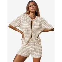 Imily Bela Hausanzug Damen Häkel 2-teiliger Set (Set, 2 tlg., Strick-Shirt + Shorts) gestreiftes