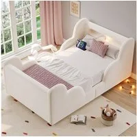 Flieks Polsterbett, Kinderbett 90x200cm mit Schutzgeländer, Nachtlicht, USB-Ladeanschluss