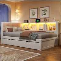 Merax Daybett mit LED-Beleuchtung & USB Anschluss (Jugendbett Schlafsofa Sofabett Kinderbett mit gepolstertem Kopfteil, 1 tlg), Kiefernholz Tagesbett 90x200 cm mit Schubladen, Regal & Stauraum