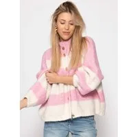 SASSYCLASSY Cardigan Gestreifter Oversize Cardigan mit Schmuckknöpfen Flauschige Strickjacke mit Blockstreifen und hohem Kragen Rosa