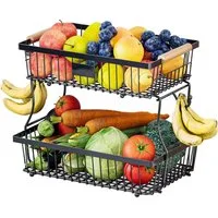 SURFOU Obstschale 2-stöckiger Obstkorb mit haken abnehmbar Metall Organizer Obst Etagere, Kohlenstoffstahl, (mit Holzgriff und 2 Bananenhängern, für Obst, Gemüse, Brot, Snacks,Kosmetik, Toilettenartikel und mehr, für Küchenarbeitsplatte, Wohnzimmer, 
