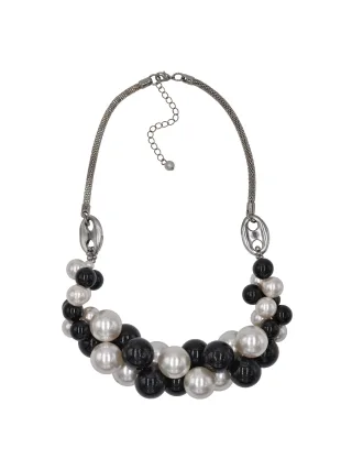 Steuer Modeschmuck Collier Metall silberfarben schwarze und cremefarbene Perlen