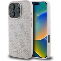 Guess Handyhülle iPhone 16 Pro Max Kunstleder rosa Muster Logo goldfarbig