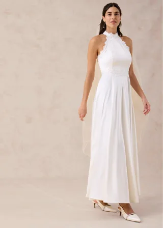 bonprix Brautkleid aus glänzendem Satin mit Spitze, weiß, Gr.42, Brautkleid in Maxi-Länge aus glänzendem Satin mit Spitzen-Einsätzen im Oberteil