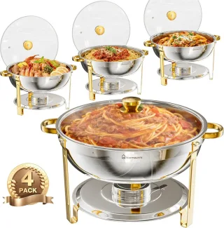 WARMOUNTS 8QT Gold Chafing Dish Buffet Set with Glass Lid 2/4Pack Round Buffet Warmer for Catering with Lid Holder Mirro