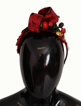 Dolce & Gabbana Cherry Silk Crystal Bow Logo Diadem Tiara Women's Bandband