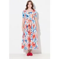 Ulla Popken Dirndl Maxikleid Smokeinsätze Rundhals Halbarm Leinenmix