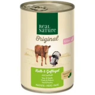 REAL NATURE Original Nassfutter Katze, Kitten Kalb und Geflügel mit Lachsöl 12x400 g