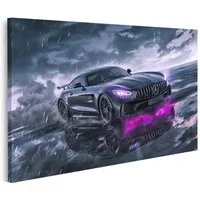 islandburner Leinwandbild, Mercedes im Gewitter mit lila Neonlicht