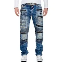 Cipo & Baxx Bikerjeans Herren Slim Fit Hose Stonewashed BA-CD637 mit Lederpatches und Nieten