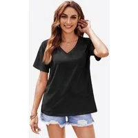 Imily Bela T-Shirt Damen Kurzarmshirt mit V-Ausschnitt (Packung, 1-tlg., 1per-Pack) Brusttasche