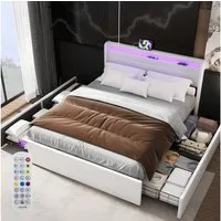 oyajia Polsterbett LED-Beleuchtung Doppelbett mit Ladefunktion und 4 Schubladen (Jugendbett Bettgestll), mit Type-C + USB, Ohne Matratze