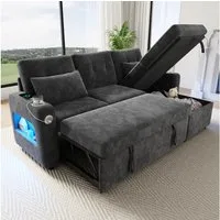 HAUSS SPOLE Schlafsofa 3-4 Sitzer mit Ausziehfunktion,LED-Ecksofa Loungesofa Chenille Grau, multifunktionale Chaiselongue mit USB-Ladeanschluss, Getränkehalter, Seitentaschen,Grau, L‑förmiges Ecksofa mit Armlehnen‑Staufächer für Wohnzimmer