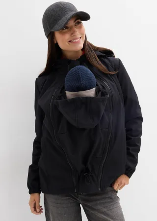 bonprix 4-in-1 Softshelljacke mit Babyeinsatz zum vorne und hinten tragen, schwarz, Gr.48, Multifunktionale Umstandsjacke mit Vorder- und Rückentragefunktion