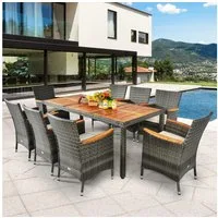 COSTWAY Garten-Essgruppe 9 TLG. Rattan, 8 Personen, Tisch & 8 Stühle, mit Kissen