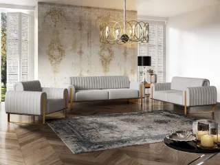 Sofaset Designersofas VALERIE 3-2-1 in Stoff Elisa Velvet Hellgrau