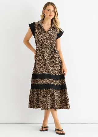 Braunes Tier-Kontrastpaneel-Smock-Midi-Kleid