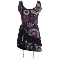 Vishes Sommerkleid Damen Ärmellos Bedruckt Rüschen Raffung Baumwolle Alternative Mode, Boho, Hippie, Ethno, Festival