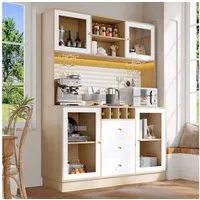 Flieks Küchenbuffet mit LED-Beleuchtung, Lochwand, Glastüren und Gläserhalter (1-St., 140x40x185,7 cm) Hochschrank Küchenschrank Geschirrschrank mit Arbeitsplatte Holzoptik