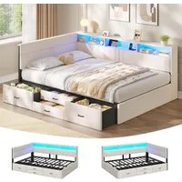 MSMASK Polsterbett Schlafsofa mit LED-Beleuchtung & Ladestation, Einzelbett, Daybett (Ohne Matratze), Jugendbett mit 4 Schubladen, ohne Matratze, 140x200 cm