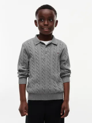 COTTON CABLE POLO SWEATER Medium Grey Heather - Gr. - 12