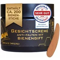 Grega´s Imkerei Anti-Aging-Creme Bienengift Manuka Hyaluron Creme 50 ml im Derma Test „Sehr gut“ Hochdosiert (entspricht ca. 200 Bienenstichen), 1-tlg., 50 ml Glastiegel inkl. Massivholz Cremspatel