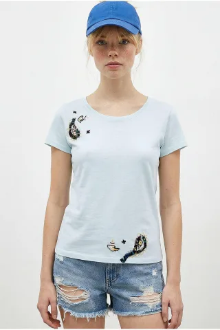 Besticktes U-Halsausschnitt Basic T-Shirt