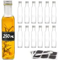 Praknu Trinkflasche 12er Set Glasflaschen 250ml Schraubverschluss Eckig - Leere Flaschen, Öl Flasche, Set Flaschen Aufbewahrung, Likörflaschen, Glasflasche