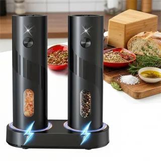 IPRee 2pcs Rechargeable Electric Salt and Pepper Grinder Set USB Automatic LED Adjustable Coarseness Stainless Steel Kit