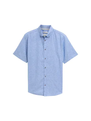 Tom Tailor - Regular Fit Kurzarmhemd mit Leinenanteil im Pünktchen-Muster mid blue dot design - Gr. - XXXL