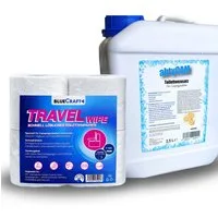 BlueCraft Sanitärflüssigkeit 2,5 L für mobile Camping Toiletten Sanitärzusatz Campingtoilettenreiniger (Toilettenzusatz WC Konzentrat mit Citronenduft Inkl. 4 Rollen Toilettenpapier, [- Sanitärkonzentrat für Abwassertank Zusatz für Chemietoiletten)