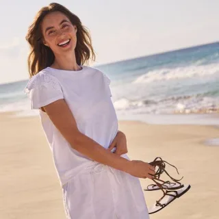Baumwoll-Shirt mit verzierten Ärmeln für Damen, Damen, size: regular, Weiß, Baumwolle, by Lands' End