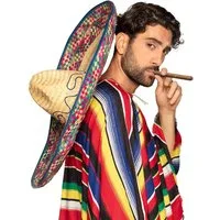Boland Kostüm Sombrero Enrique großer Mexiko Strohhut Ø 70 cm für Herren, Geflochtener Strohhut mit buntem Rand und Band
