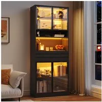Merax Glasvitrine mit RGB LED-Beleuchtung inkl. App-Steuerung, 80 L x 35 B x 200 H cm (1-St., Wohnzimmerschrank Bücherschrank Ausstellungsschrank) Vitrine Hochschrank mit 4 Glastüren, Schublade & Stauraum