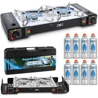 ZMC Gaskocher Doppel Kartuschenkocher Gaskocher 2 Flammig + 8x Gaskartuschen 227g, (MSF-1a automatische Piezo-Zündung (elektrisch) Herd Butangas, MSF-1a automatische Piezo-Zündung (elektrisch) Herd Butangas), Outdoor Gas Campingkocher 2Fach Gasherd O