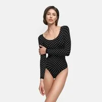 cfab Shaping-Body Bodysuit Sculpting Shapewear Longsleeve mit String-Black Polka Dot-5XL (1-tlg)
