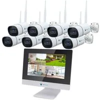 LUVISION Überwachungskamera LV-101+8 (Außen- und Innenbereich, 8-tlg., WLAN IP Überwachungssystem mit Monitor 3MP IP Kamera Set mit Mikrofon, PC Software & App, Cloud, Push Alarm, Nachtsicht, H.265 Komprimierung)
