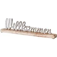 Levandeo® Deko-Schriftzug, Schriftzug Willkommen L45cm Metall Silber Mango Holz Tischdeko Deko