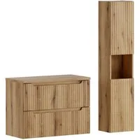 Lomadox Badmöbel-Set NEWPORT-56-EVOKE, (Spar-Set, 2-St., Waschtischunterschrank Hochschrank), in Eiche mit gerillter Front