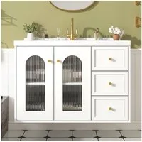 Flieks Waschtisch Waschbeckenunterschrank inkl. Keramik-Waschbecken (B80/T50/H58 cm, 1-St., wandhängend Badschrank mit verstellbarer Einlegeböden), Badmöbel-Set Badezimmerschrank mit Schubladen und Glastür Weiß