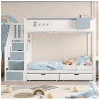 Flieks Etagenbett, Kinderbett 90x200cm mit 2 Schubladen, Stauraumtreppe, abnehmbarer Box