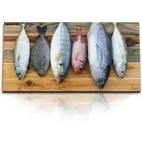 Sinus Art Leinwandbild Kunstdruck Bilder 120x60cm Küchenbild Fisch Exotisch Kochen Küche Holz, (1 St)