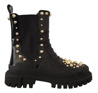 Dolce & Gabbana Damen Schwarze Leder Nietenkampfstiefel