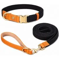 Illes-Laedchen Hunde-Halsband hochwertiges Hundehalsband & Hundeleine Set aus Nylon mit Leder, – Verstellbares Hunde Set in verschiedenen Größen & Farben