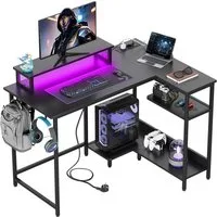 DEVAISE Computertisch Gamingtisch 111/120/140 x 80 cm Computertisch, L-förmiger Schreibtisch (Packung, Tablett mit Ständer), Computertisch mit LED, 2 USB und 2 AC-Steckdosen, für Büro