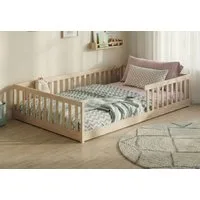 Kids Collective Kinderbett Bodenbett Bett mit Rausfallschutz & Lattenrost Montessori Bett Kinder (weitere Größen, 90x200, 140x200 cm), Jugendbett Einzelbett optional mit Matratze, natur Kiefer 120x200 cm