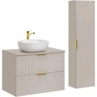 Lomadox Badmöbel-Set ADELAIDE-56-CASHMERE, (Spar-Set, 2-St., Waschtisch Hochschrank Keramikwaschbecken), 80cm Waschtisch, kaschmir mit gerillter Front
