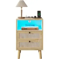 MSMASK Nachttisch Rattan, Naturfarben mit 2 Schubladen, 40x35x60cm (1-St), mit USB-Ladestation & LED-Beleuchtung