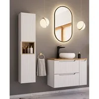 Lomadox Badmöbel-Set NEWPORT-56-WHITE, (Spar-Set, 3-St., Hochschrank LED-Spiegel Waschtisch Badregal), in weiß mit gerillter Front, inkl. LED-Beleuchtung